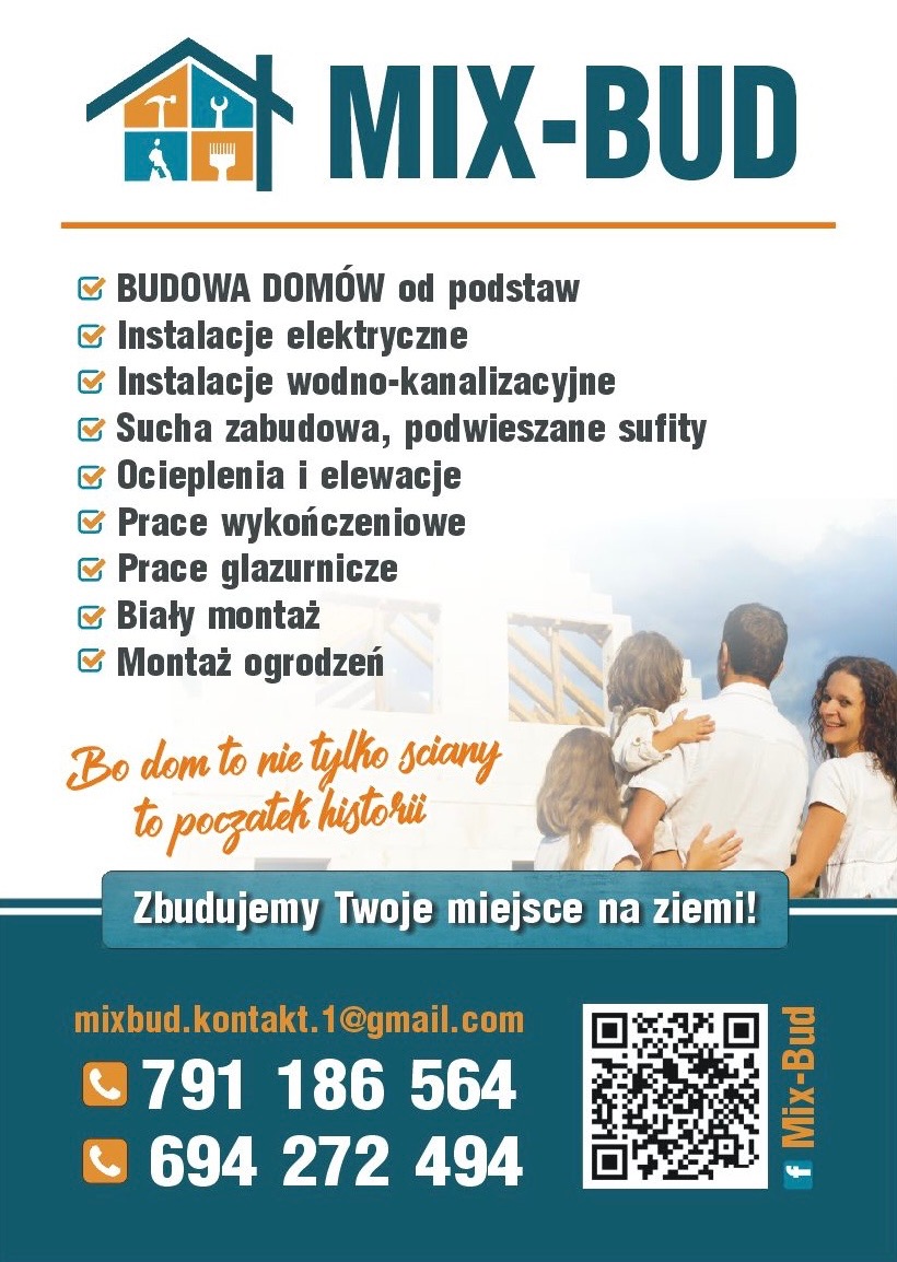 Baner firmy MIX-BUD oferującej budowę domów, instalacje, ocieplenia, prace wykończeniowe i montaż ogrodzeń. Widoczny kontakt, QR kod i logo firmy.