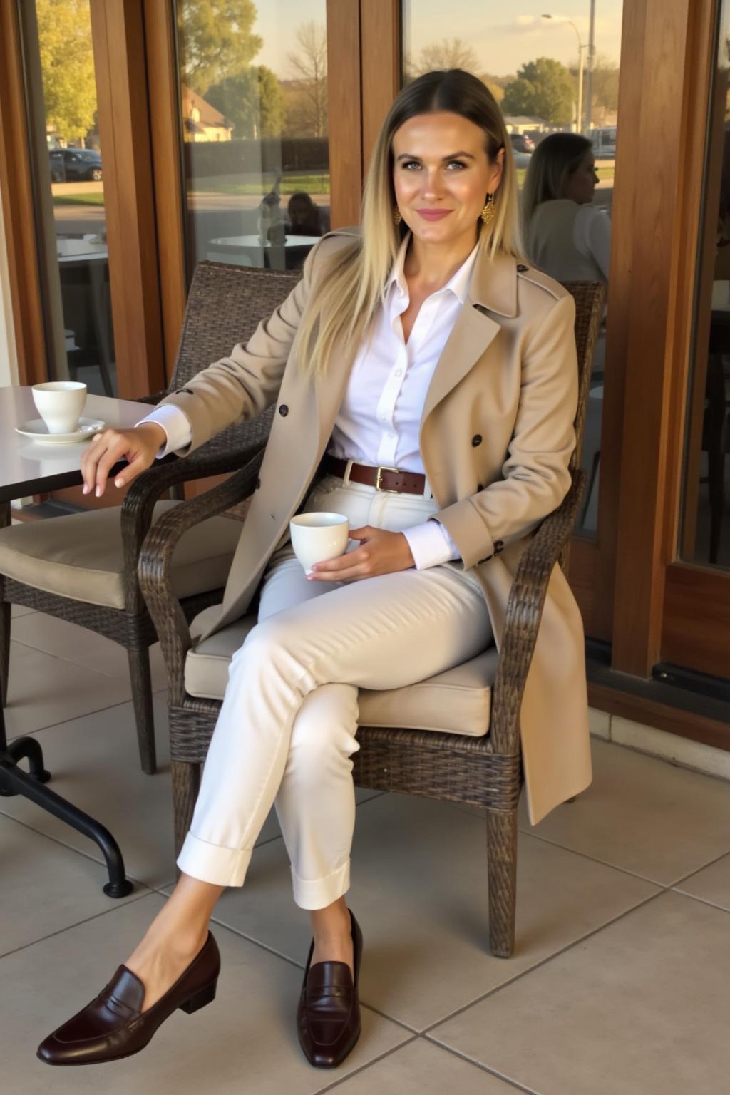 Elegancka kobieta w płaszczu i mokasynach pije kawę na balkonie w Zielonej Górze. W tle widoczne budynki i zieleń.