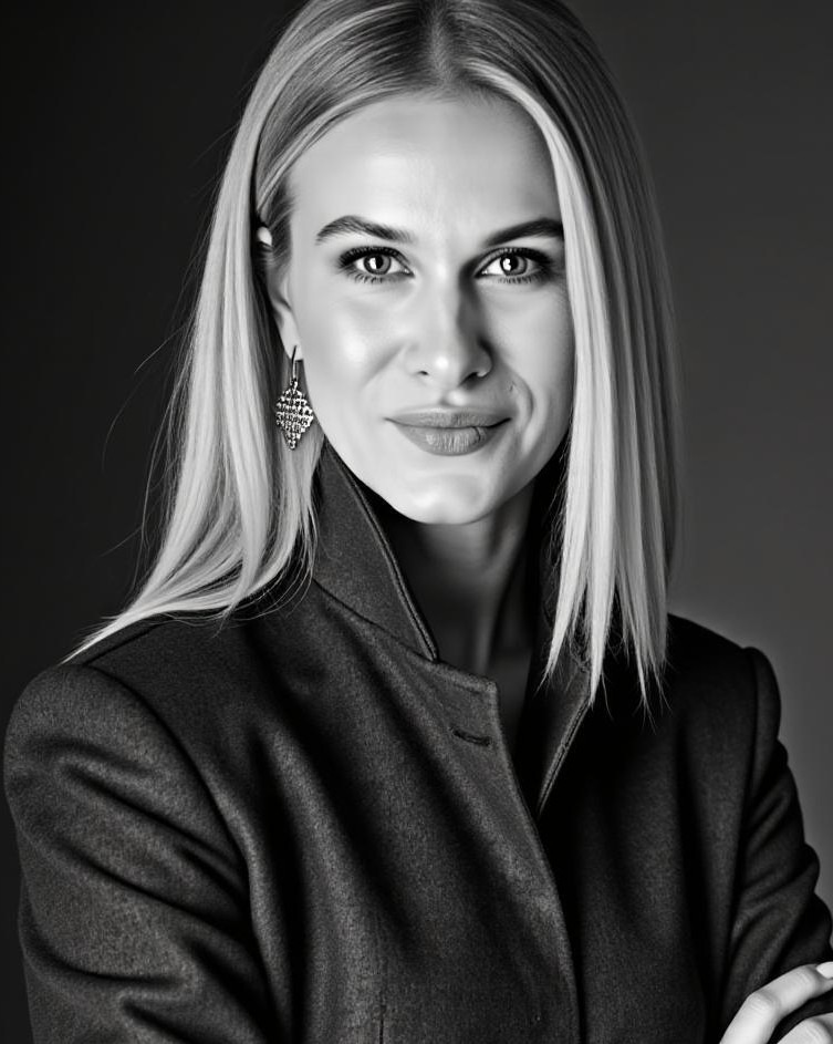 Portret kobiety z blond włosami w ciemnej marynarce na ciemnym tle. Elegancki wygląd, profesjonalny wizerunek, idealny dla doradcy finansowego lub agenta nieruchomości.