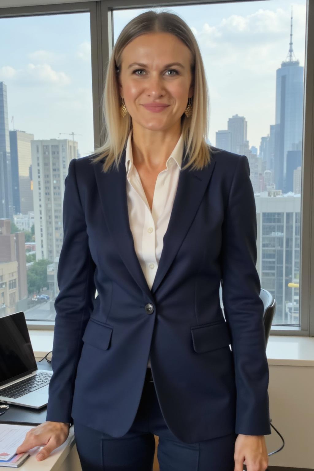 Profesjonalny portret kobiety w garniturze na tle panoramy miasta z wieżowcami, w biurze z laptopem. Uśmiechnięta, pewna siebie, z kolczykami.