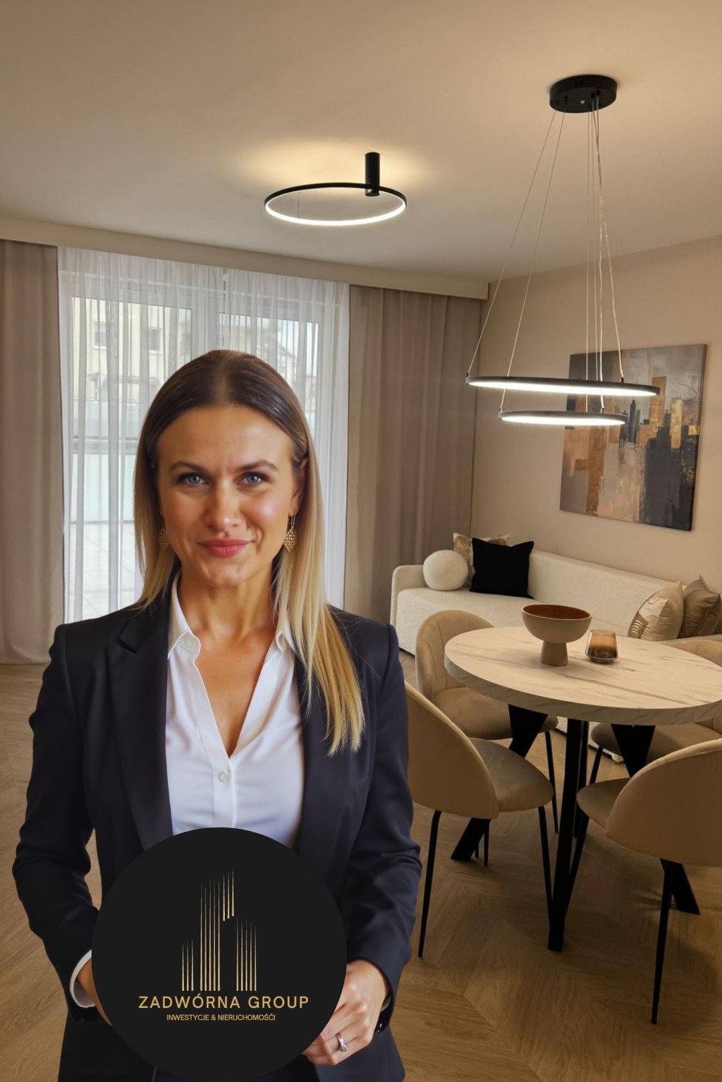 Kobieta w garniturze prezentuje wnętrze mieszkania z okrągłym stołem i designerskimi lampami. Logo firmy Zadworna Group w dolnej części kadru.