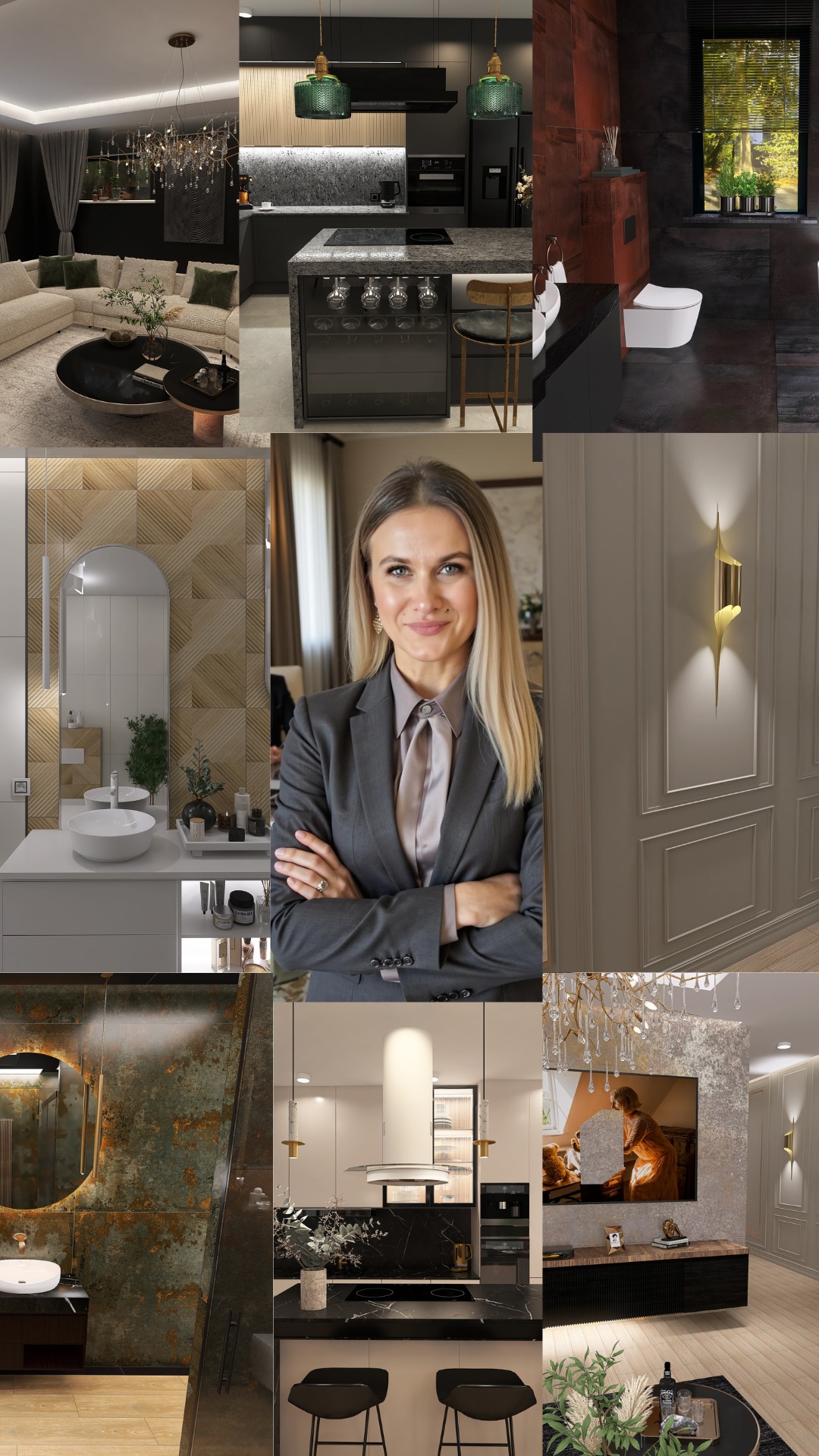 Kolaż wnętrz: salon z żyrandolem, kuchnia z wyspą, łazienka z lustrem, kobieta w garniturze, ściana z kinkietem. Nowoczesny design, różne style wykończenia.