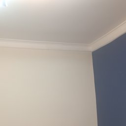 Grzegbud - Biała ściana z listwą przysufitową i fragmentem niebieskiej ściany z poziomicą. Widoczny fragment okna.