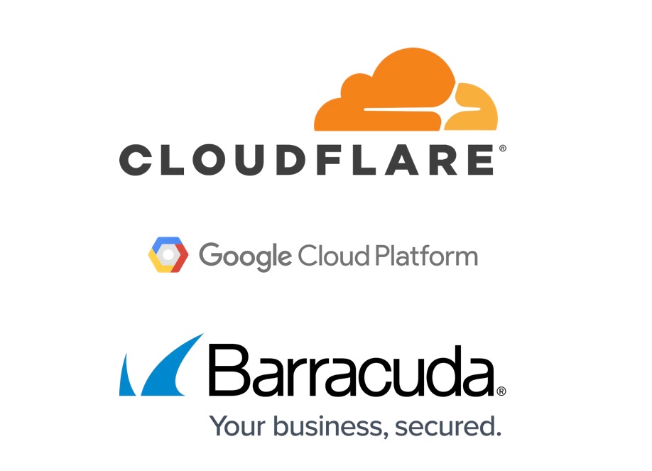 Logotypy Cloudflare, Google Cloud Platform i Barracuda na białym tle. Prezentacja zabezpieczeń i infrastruktury stron internetowych.