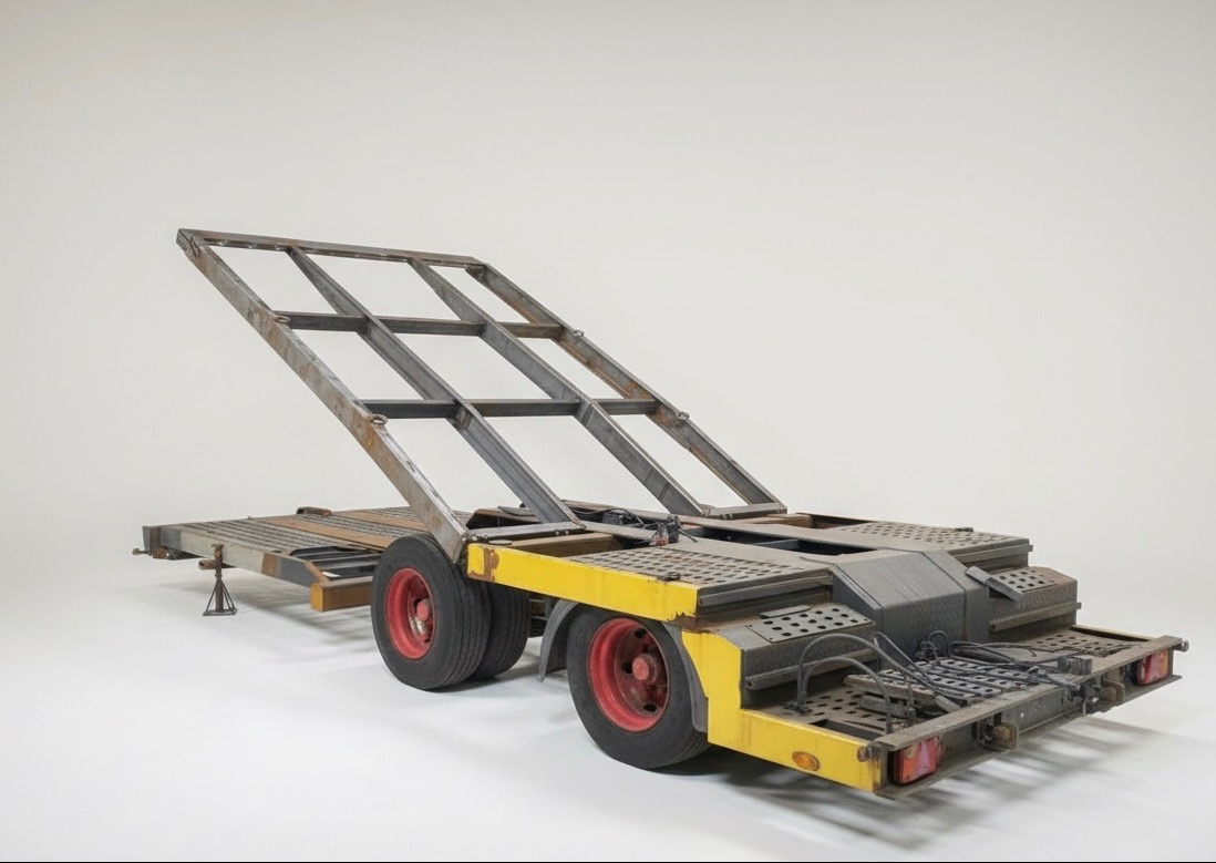 Żółto-szara przyczepa z metalową konstrukcją na białym tle. Widoczne czerwone koła i metalowa platforma. Konstrukcja wznosi się pod kątem.