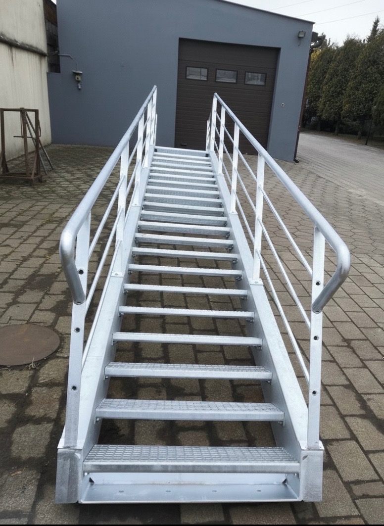 Zewnętrzne, metalowe schody z srebrnymi poręczami prowadzące do szarego budynku z brązową bramą garażową. Widok z dołu, podkreślający solidną konstrukcję.