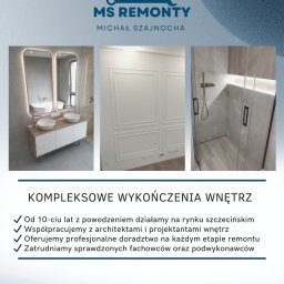 MS Remonty Szczecin Michał Szajnocha - Nowoczesna łazienka po wykończeniu: podwójna umywalka z lustrami, dekoracyjna ściana z listwami i kabina prysznicowa z szarymi płytkami. Kompleksowe wykończenia wnętrz.