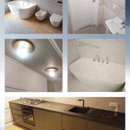 MS Remonty Szczecin Michał Szajnocha - Kompilacja zdjęć: nowoczesna łazienka z wanną wolnostojącą, bidetem i toaletą; białe drzwi z umywalką; sufit z oświetleniem; minimalistyczna kuchnia z ciemnymi szafkami.