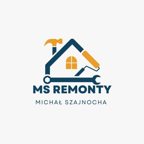 Logo firmy remontowej: stylizowany dom z narzędzi, nazwa 'MS Remonty' i imię Michał Szajnocha. Kolorystyka: granat, żółty, białe tło. Minimalistyczny design.