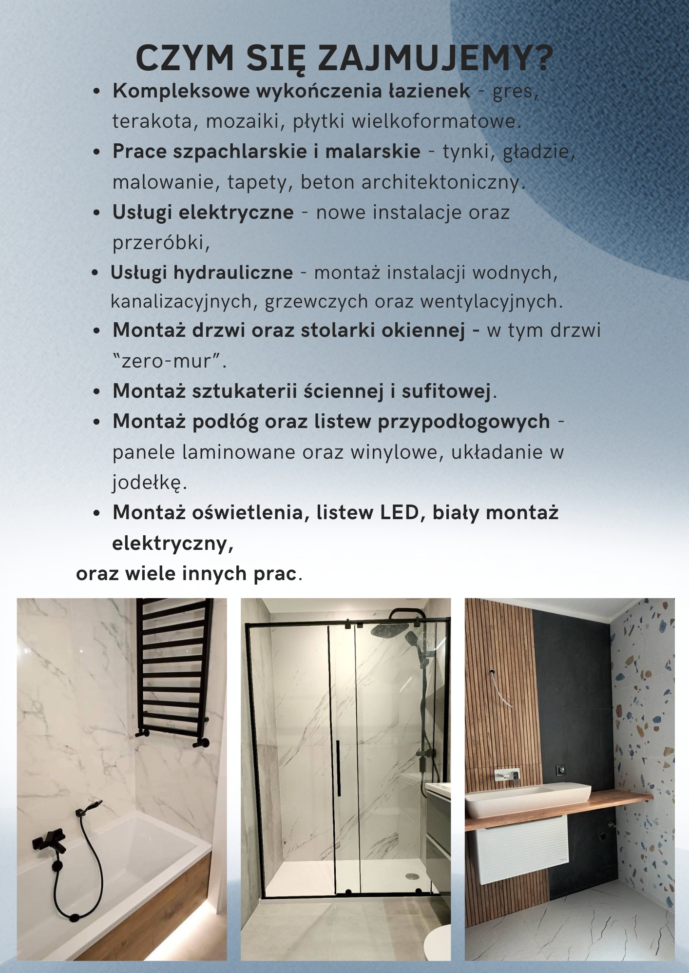 Kompleksowe wykończenie łazienki: kabina prysznicowa z czarnymi ramami, grzejnik drabinkowy, umywalka nablatowa na drewnianym blacie, płytki imitujące marmur i lastryko.