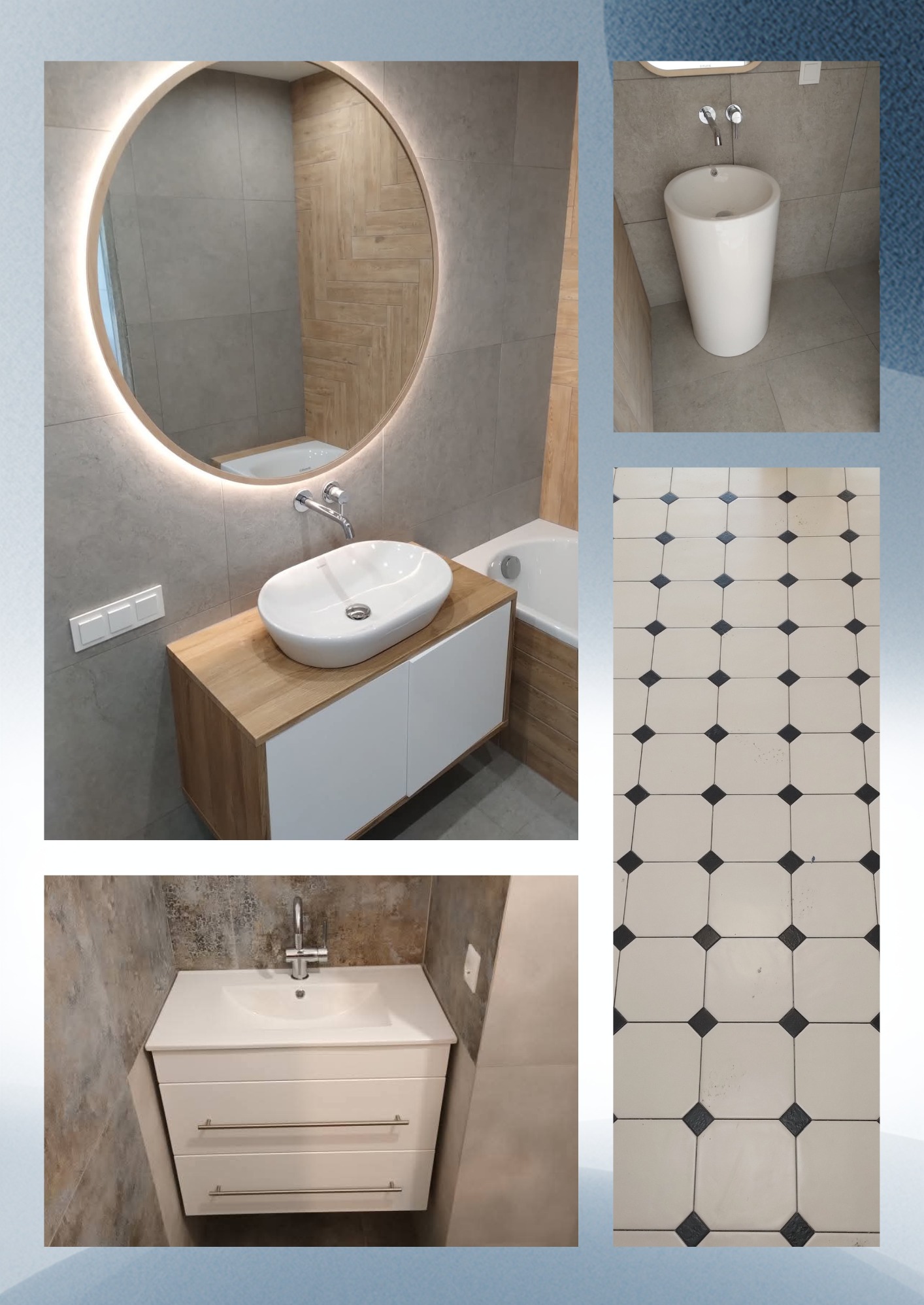 Nowoczesna łazienka z okrągłym lustrem z podświetleniem LED, umywalką nablatową na szafce z drewnianym blatem i białymi frontami oraz białą wolnostojącą umywalką.