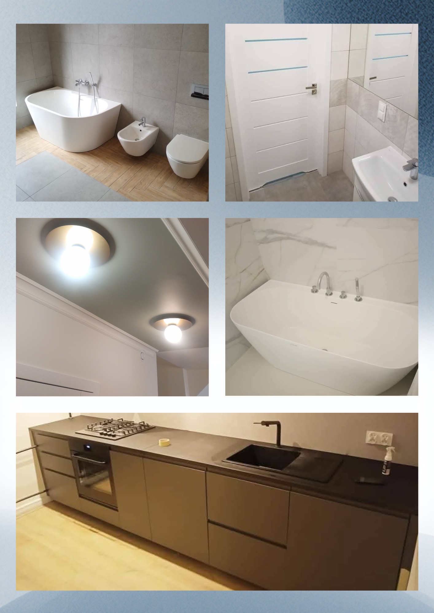 Kompilacja zdjęć: nowoczesna łazienka z wanną wolnostojącą, bidetem i toaletą; białe drzwi z umywalką; sufit z oświetleniem; minimalistyczna kuchnia z ciemnymi szafkami.