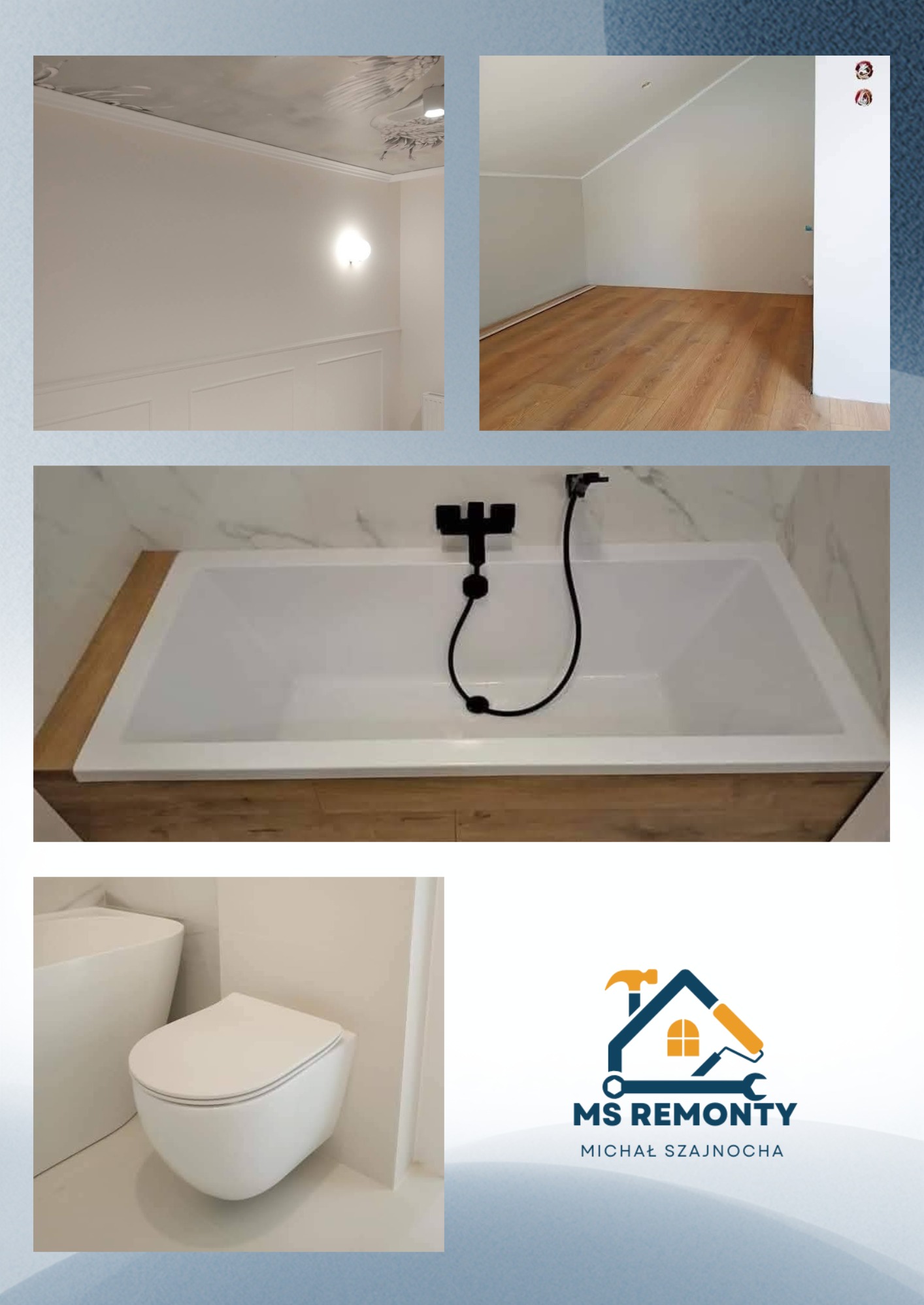 Kolaż z czterech ujęć: wykończona łazienka z wanną, toaletą, podłogą i ścianami. Widoczny fragment sufitu z dekoracyjnym wzorem. Całość w jasnej tonacji.