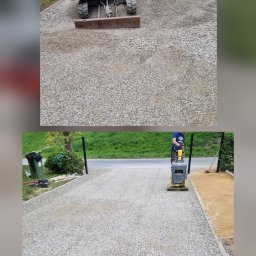BARTEX USŁUGI-WYNAJEM SPÓŁKA Z OGRANICZONĄ ODPOWIEDZIALNOŚCIĄ - Dwa ujęcia: mini koparka Takeuchi TB225 na żwirowym podłożu i zagęszczarka wibracyjna ubijająca żwir na podjeździe. Etapy prac ziemnych i przygotowania podłoża.