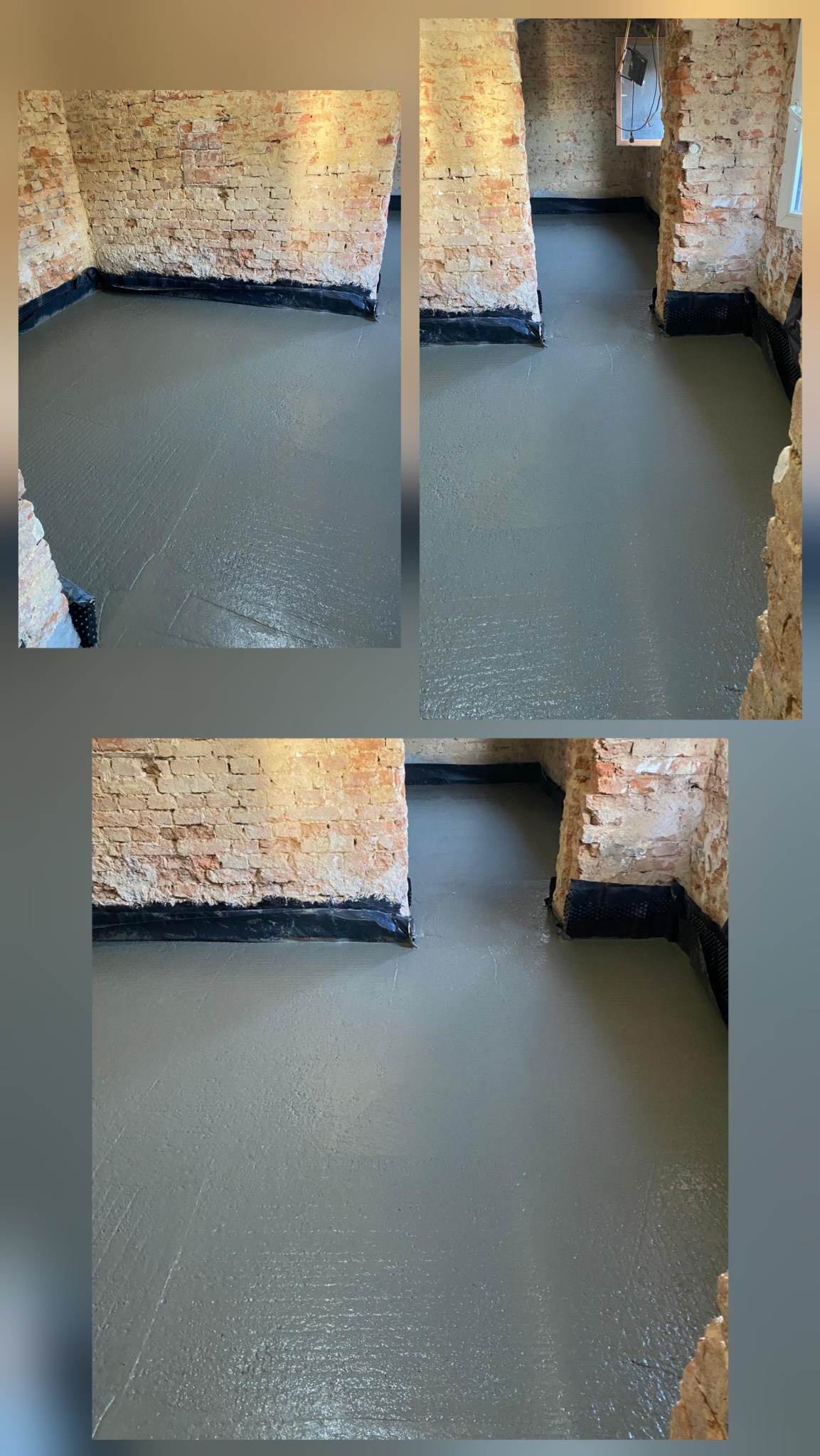 Wylany, świeży beton na podłodze w pomieszczeniu z surowymi, ceglanymi ścianami. Widoczne czarne zabezpieczenie przy ścianach. Ujęcie z góry.