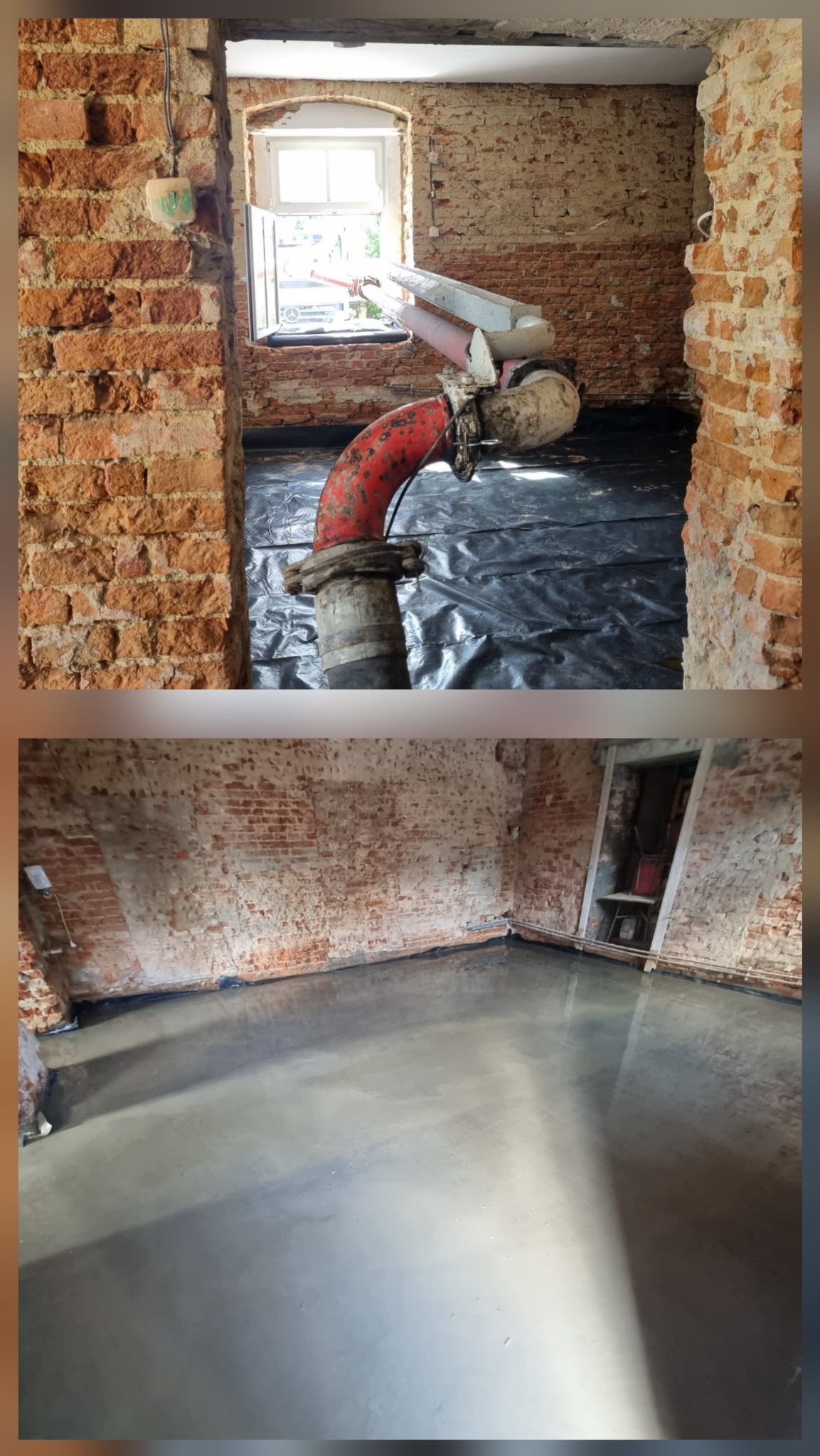 Wnętrze w trakcie wylewki posadzki: czerwona rura pompy w oknie, folia ochronna na podłożu, surowe ceglane ściany. Widok przed i po wylaniu betonu.
