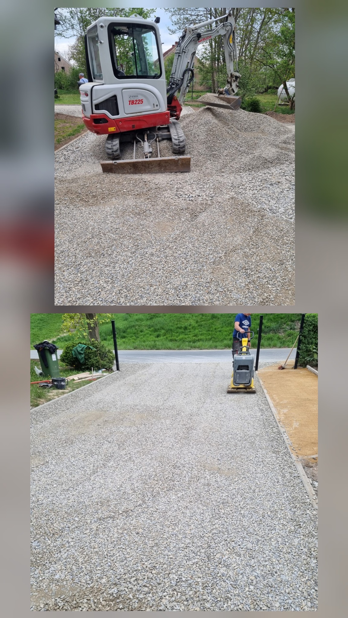 Dwa ujęcia: mini koparka Takeuchi TB225 na żwirowym podłożu i zagęszczarka wibracyjna ubijająca żwir na podjeździe. Etapy prac ziemnych i przygotowania podłoża.