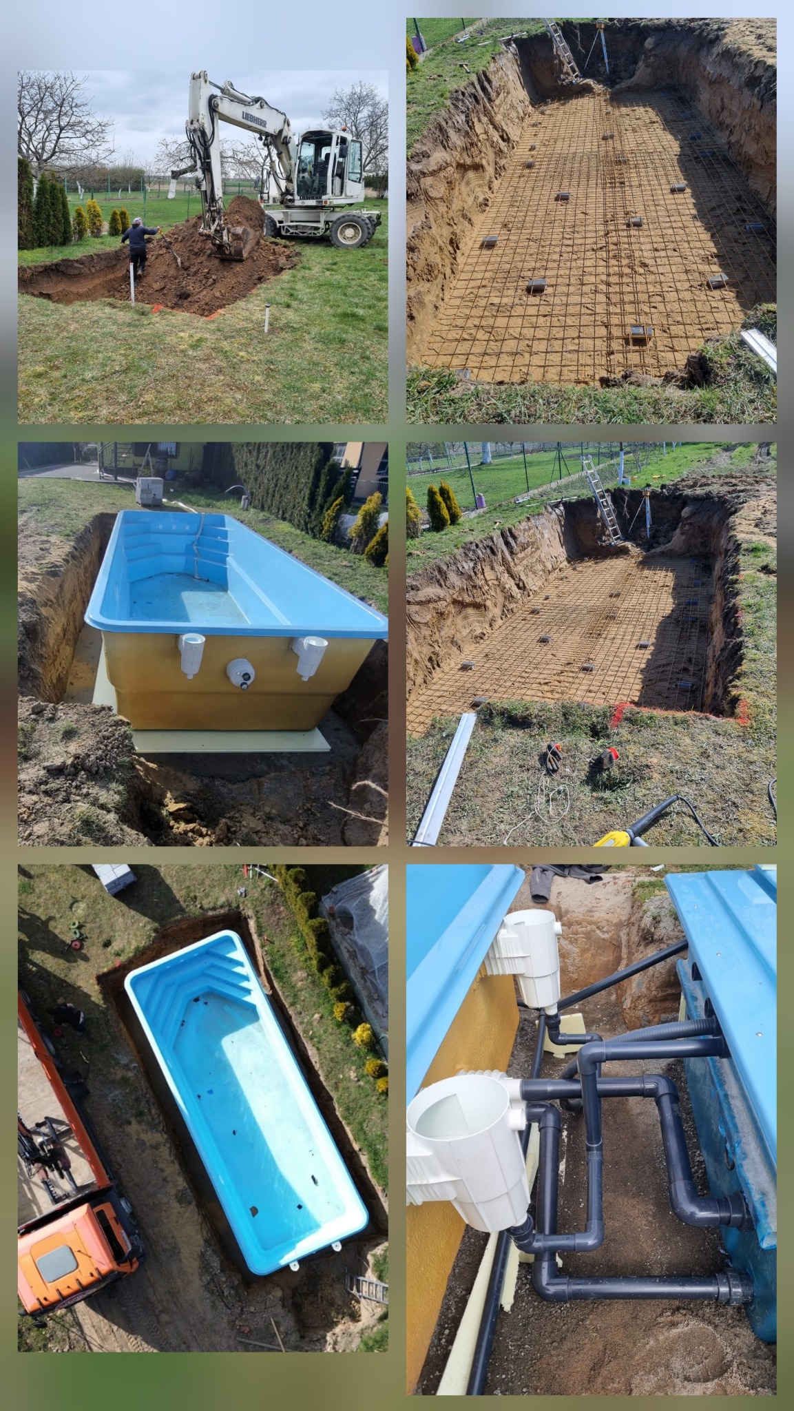 Montaż basenu: wykop, zbrojenie, instalacja. Widok z góry na niebieski basen w ziemi, rury, drabina, koparka w tle. Etapy budowy basenu w ogrodzie.