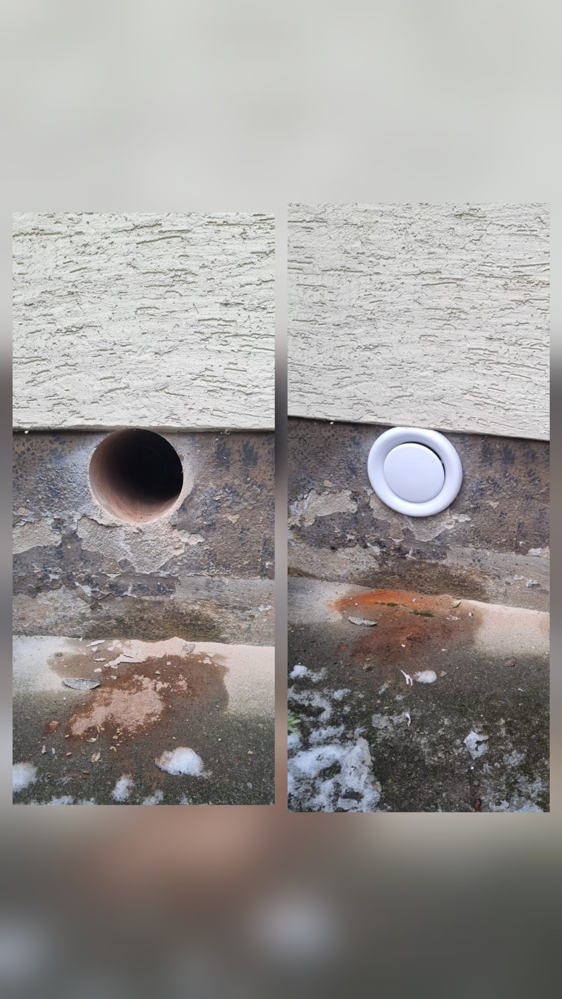 Porównanie: otwór w fundamencie budynku przed i po montażu białej, okrągłej kratki wentylacyjnej. Widoczne ślady wilgoci i resztki śniegu.