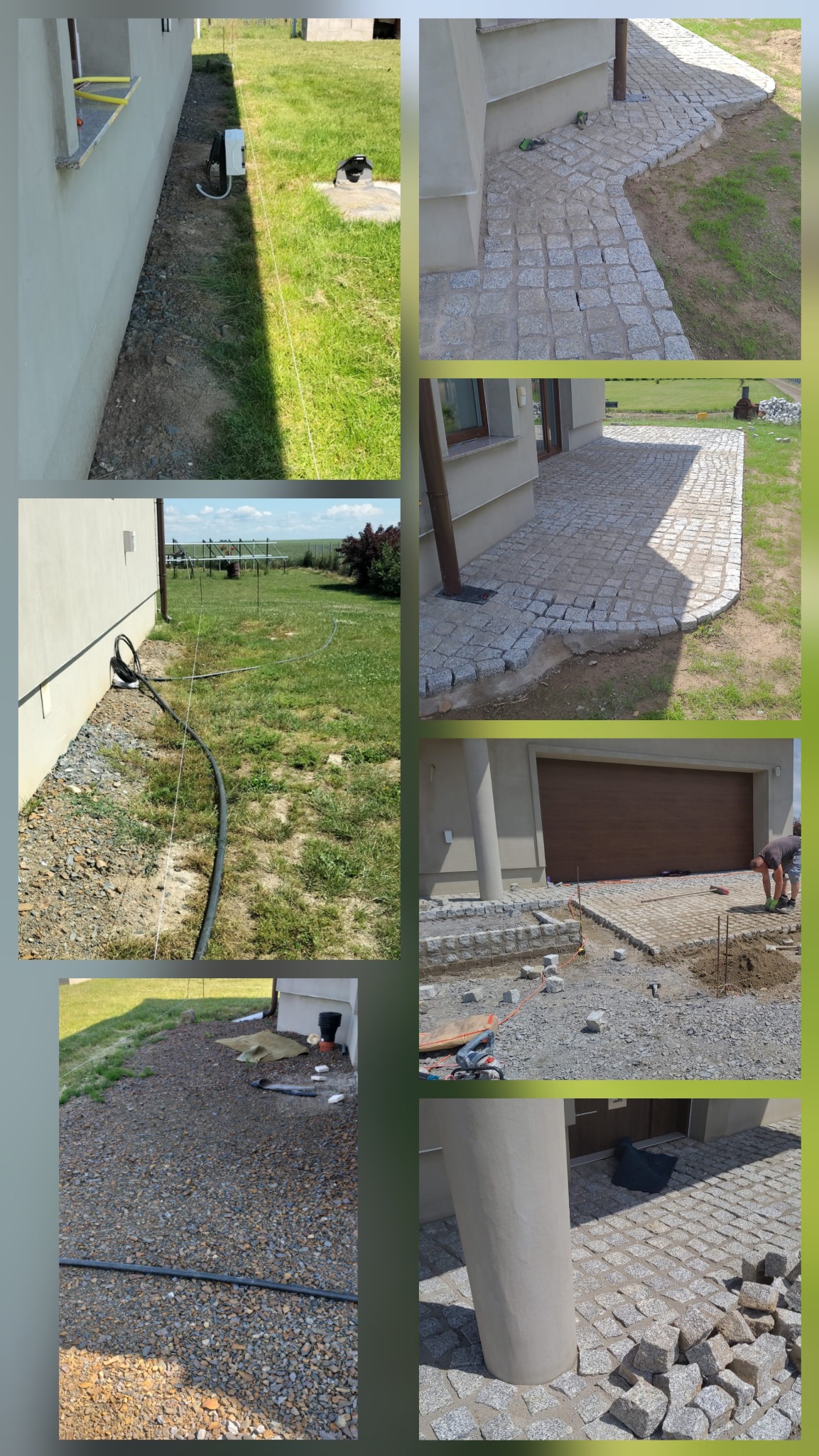 Układanie kostki granitowej na posesji: widok na różne etapy prac, od przygotowania podłoża po ułożony chodnik. Widoczne narzędzia i materiały budowlane.