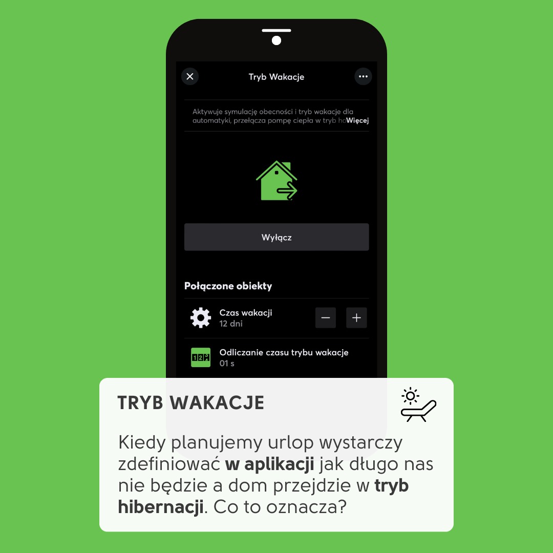 Aplikacja mobilna inteligentnego domu w trybie wakacyjnym, z opcją symulacji obecności i zarządzania pompą ciepła. Ekran z ustawieniami czasu wakacji i odliczaniem.