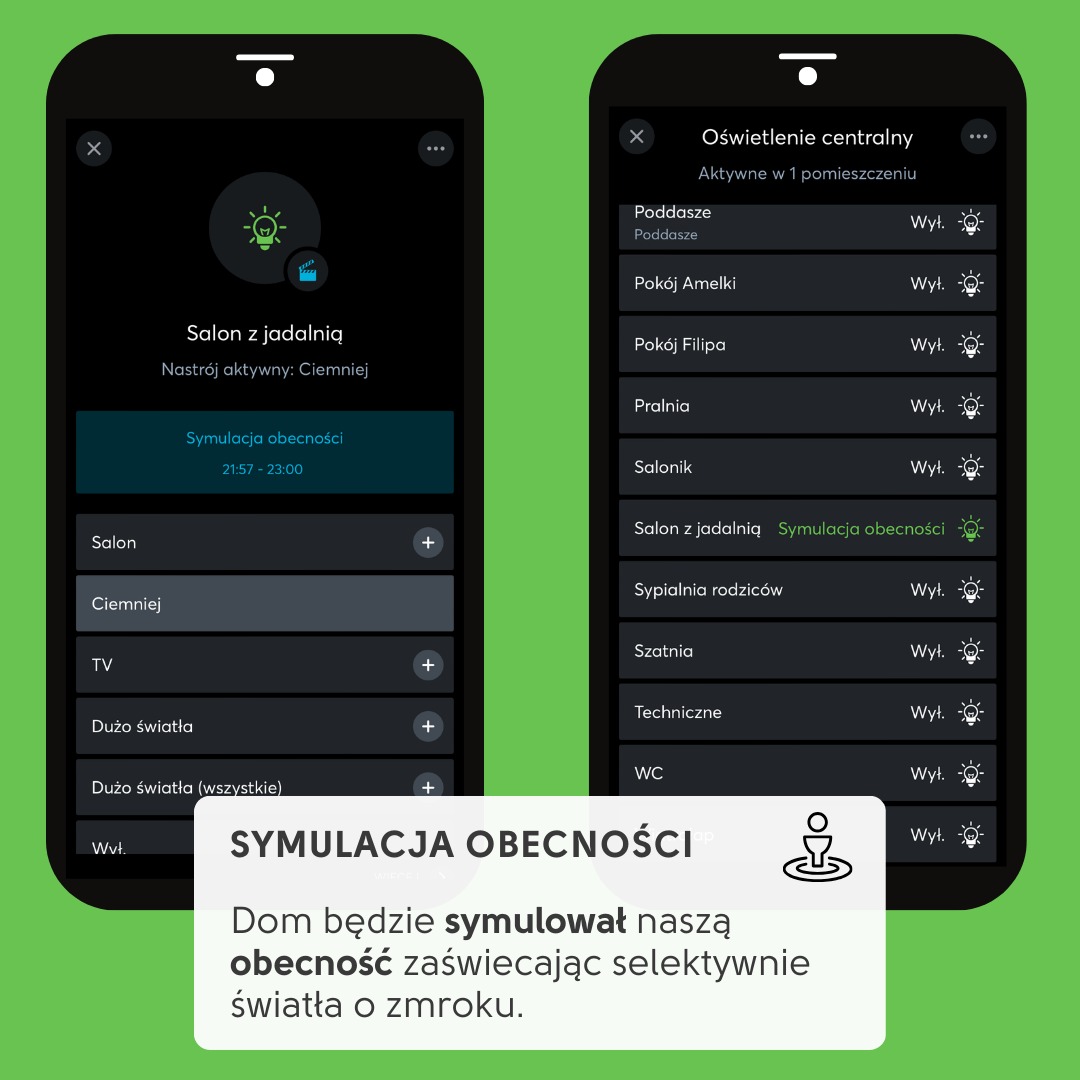 Aplikacja inteligentnego domu na smartfonie: symulacja obecności w salonie z jadalnią, sterowanie oświetleniem centralnym w różnych pomieszczeniach.