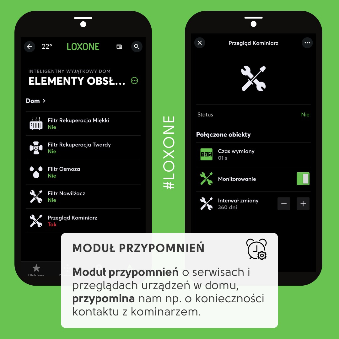 Ekran aplikacji Loxone na smartfonie, prezentujący inteligentny system zarządzania domem z modułem przypomnień o przeglądach i serwisach urządzeń, np. przegląd kominiarski.