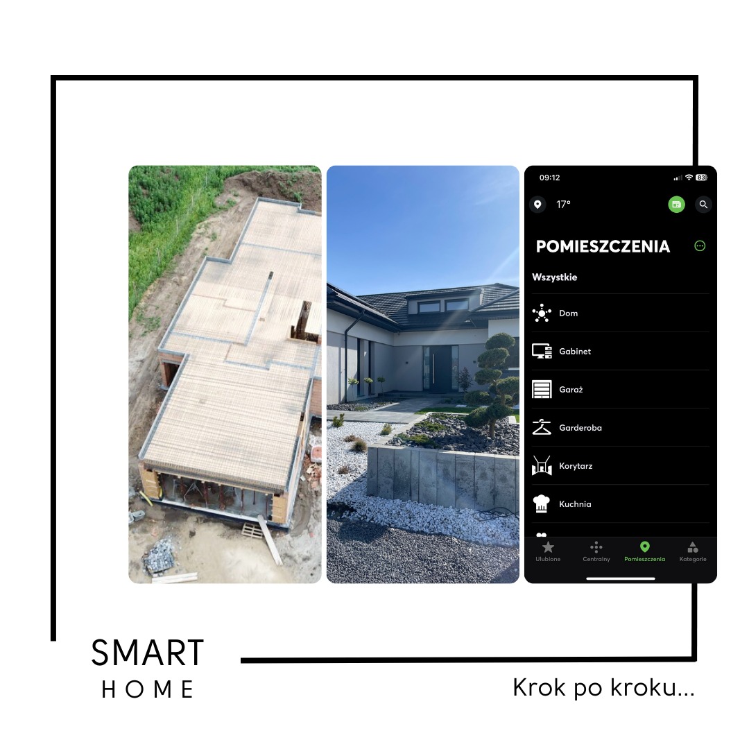 Kolaż: budowa domu w trakcie i ekran aplikacji 'Smart Home' z listą pomieszczeń. Widok z góry na konstrukcję i elewacja z ogrodem. Napis 'Smart Home'.