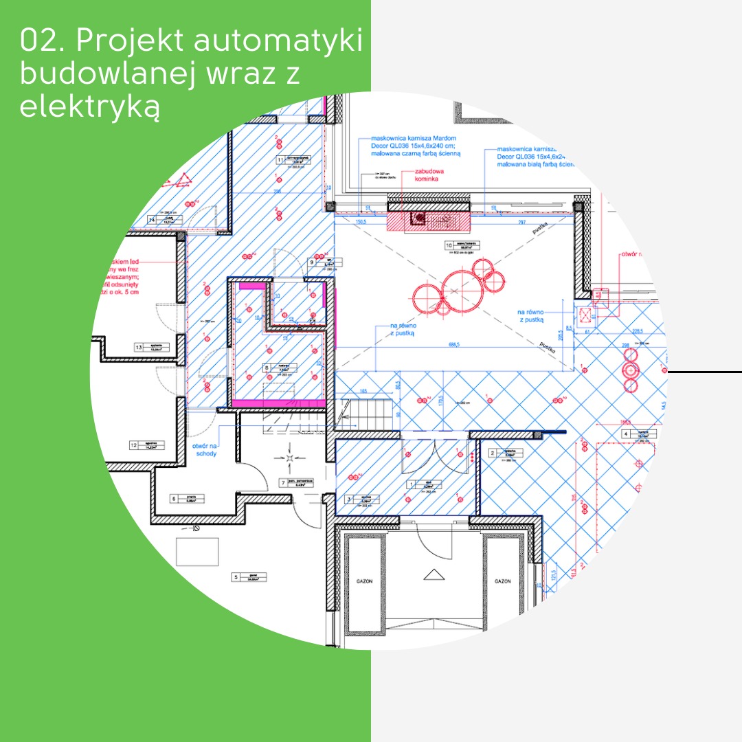Plan automatyki budowlanej z instalacją elektryczną. Rzut z góry, widoczne oznaczenia punktów elektrycznych, wymiary pomieszczeń i elementy wyposażenia. Projekt techniczny.