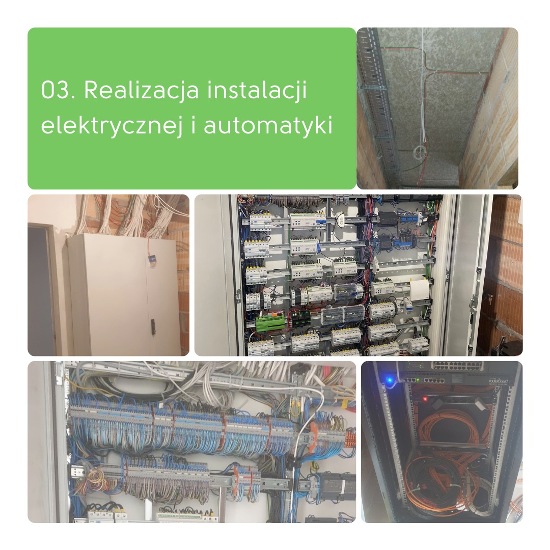 Kompozycja zdjęć: rozdzielnia elektryczna z okablowaniem, koryto kablowe pod sufitem, szafa serwerowa. Realizacja instalacji elektrycznej i automatyki.