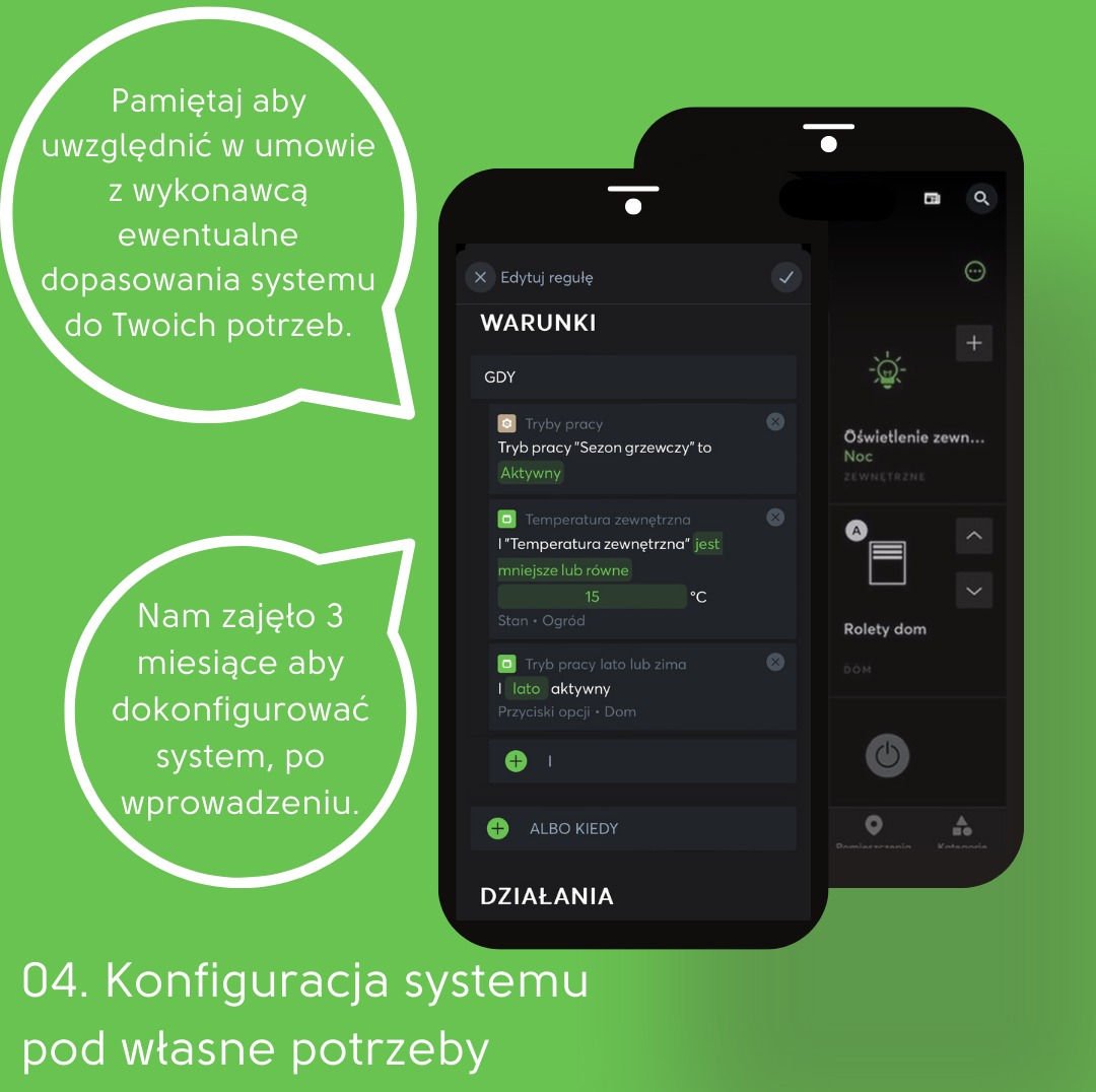 Konfiguracja inteligentnego domu: ekrany smartfonów z ustawieniami trybów pracy (sezon grzewczy, lato/zima), temperatury zewnętrznej i sterowania oświetleniem oraz roletami.