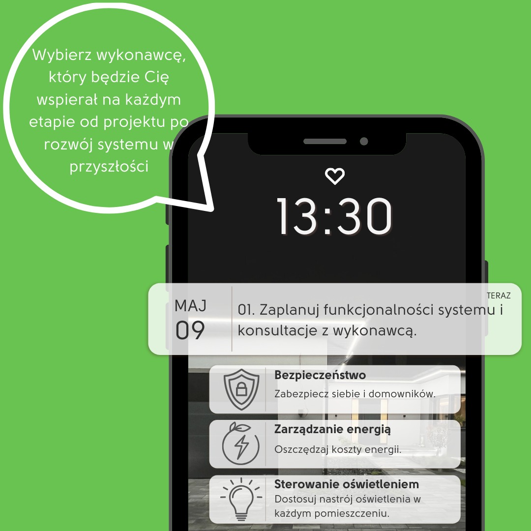 Aplikacja mobilna inteligentnego domu: planowanie funkcjonalności, bezpieczeństwo, zarządzanie energią i sterowanie oświetleniem. Ekran smartfona na zielonym tle.