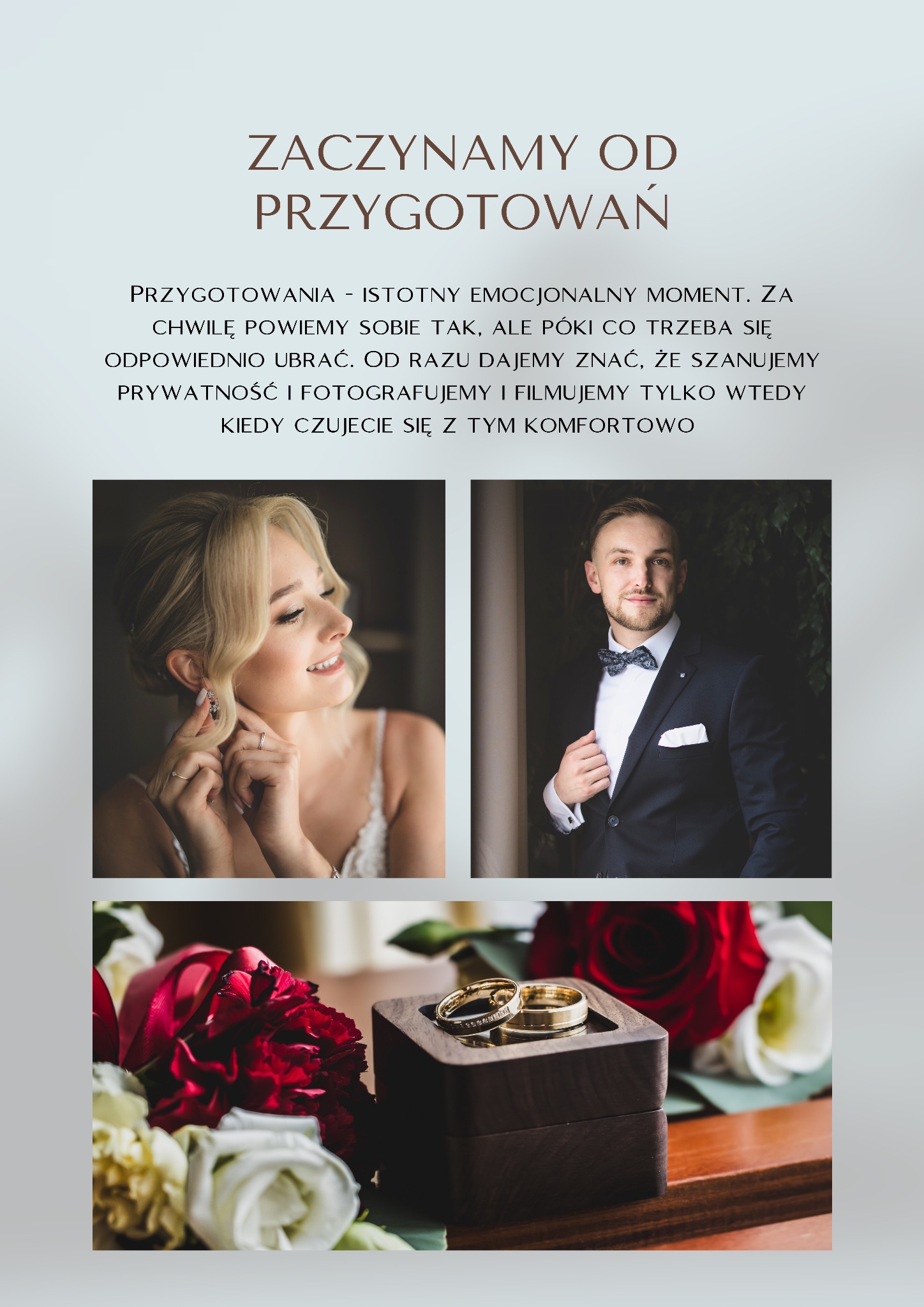 Kolaż z przygotowań ślubnych: uśmiechnięta panna młoda z kolczykami, elegancki pan młody w muszce i zbliżenie obrączek na tle kwiatów. Romantyczna atmosfera.