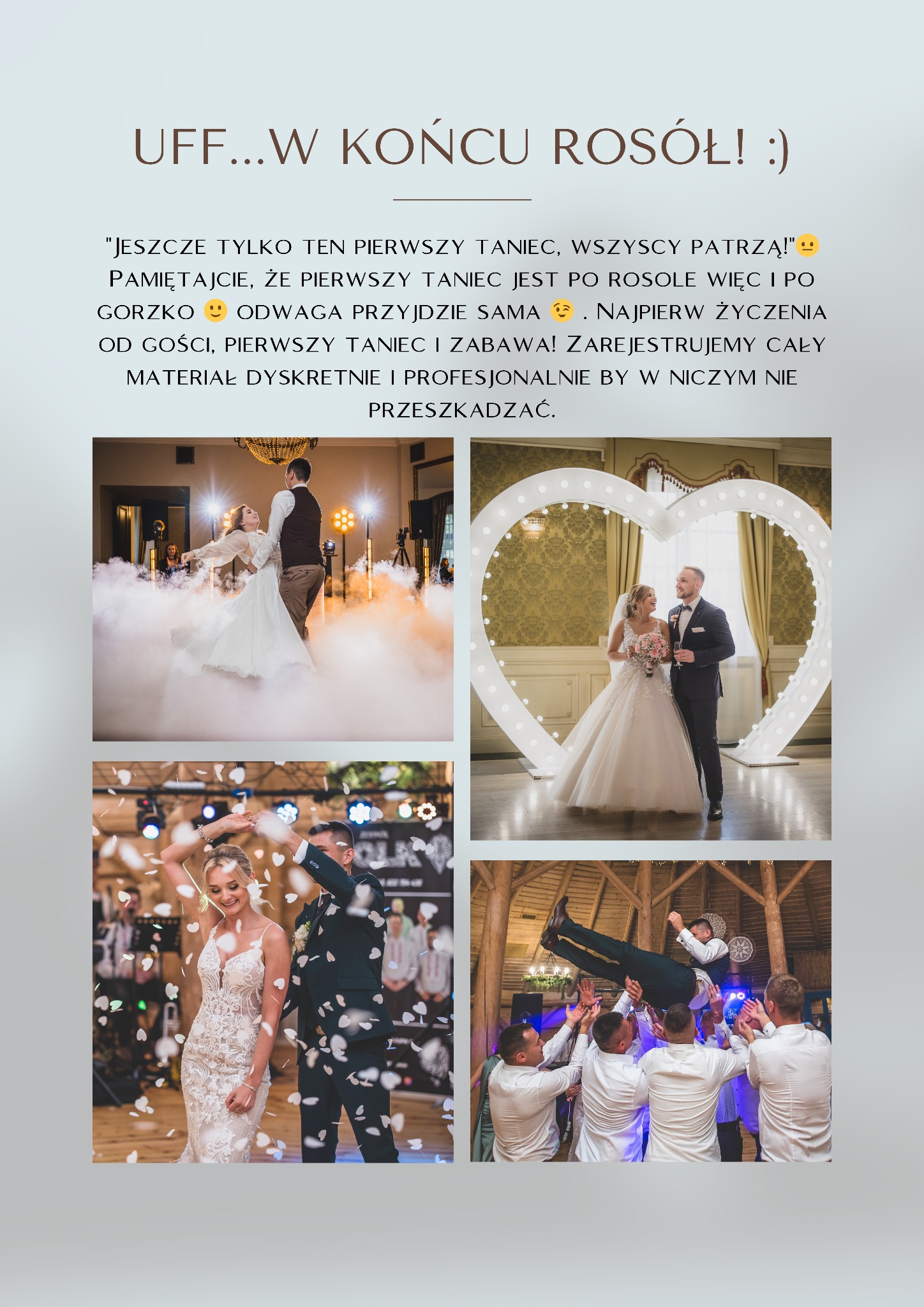 Kolaż z czterech zdjęć z wesela: pierwszy taniec w dymie, para przed sercem z żarówek, konfetti i podrzucanie pana młodego. Radosna atmosfera.