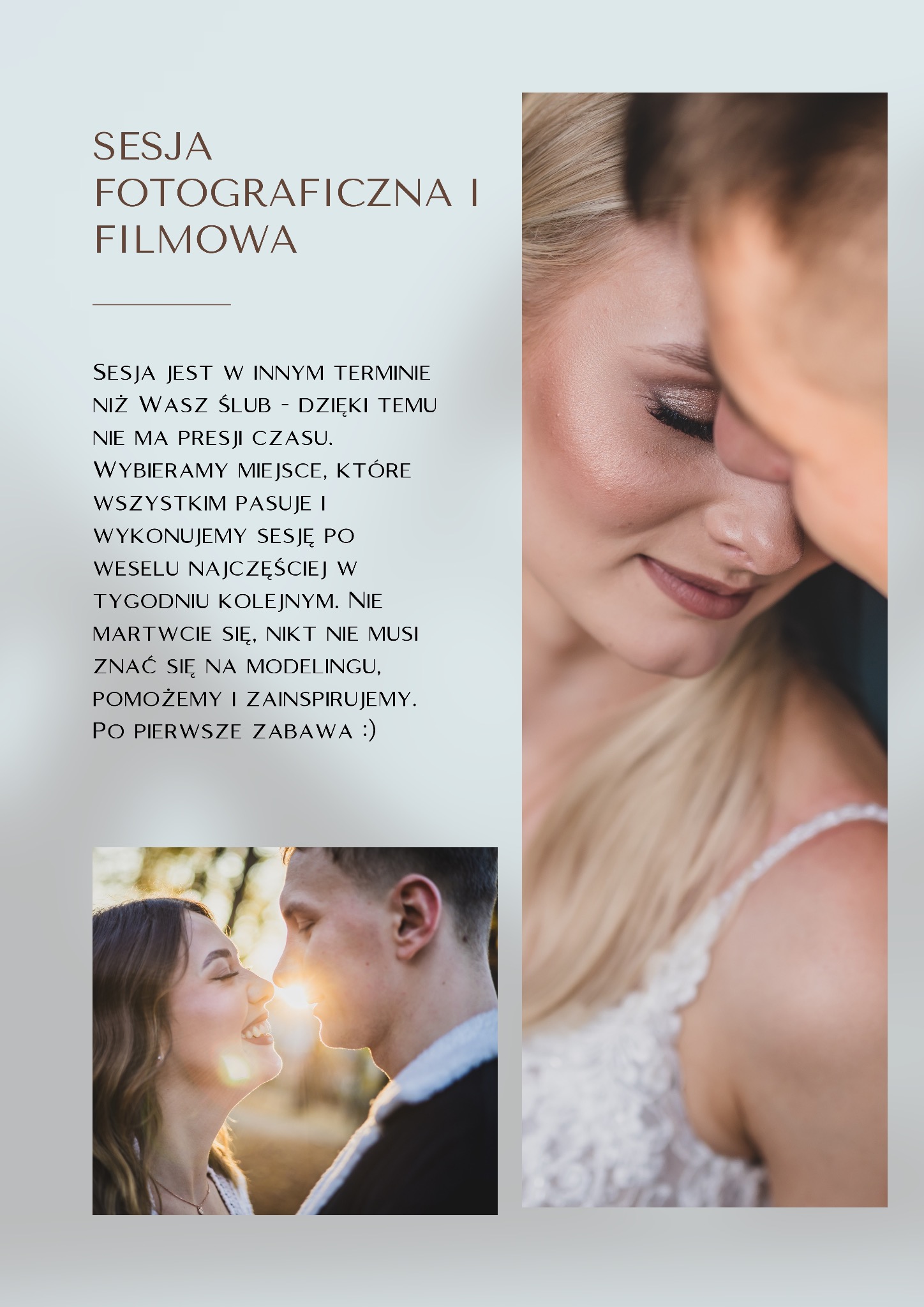 Romantyczna sesja poślubna: zbliżenie na uśmiechniętą parę w kontraście ze słońcem, delikatny makijaż panny młodej, tekst o sesji zdjęciowej po weselu.
