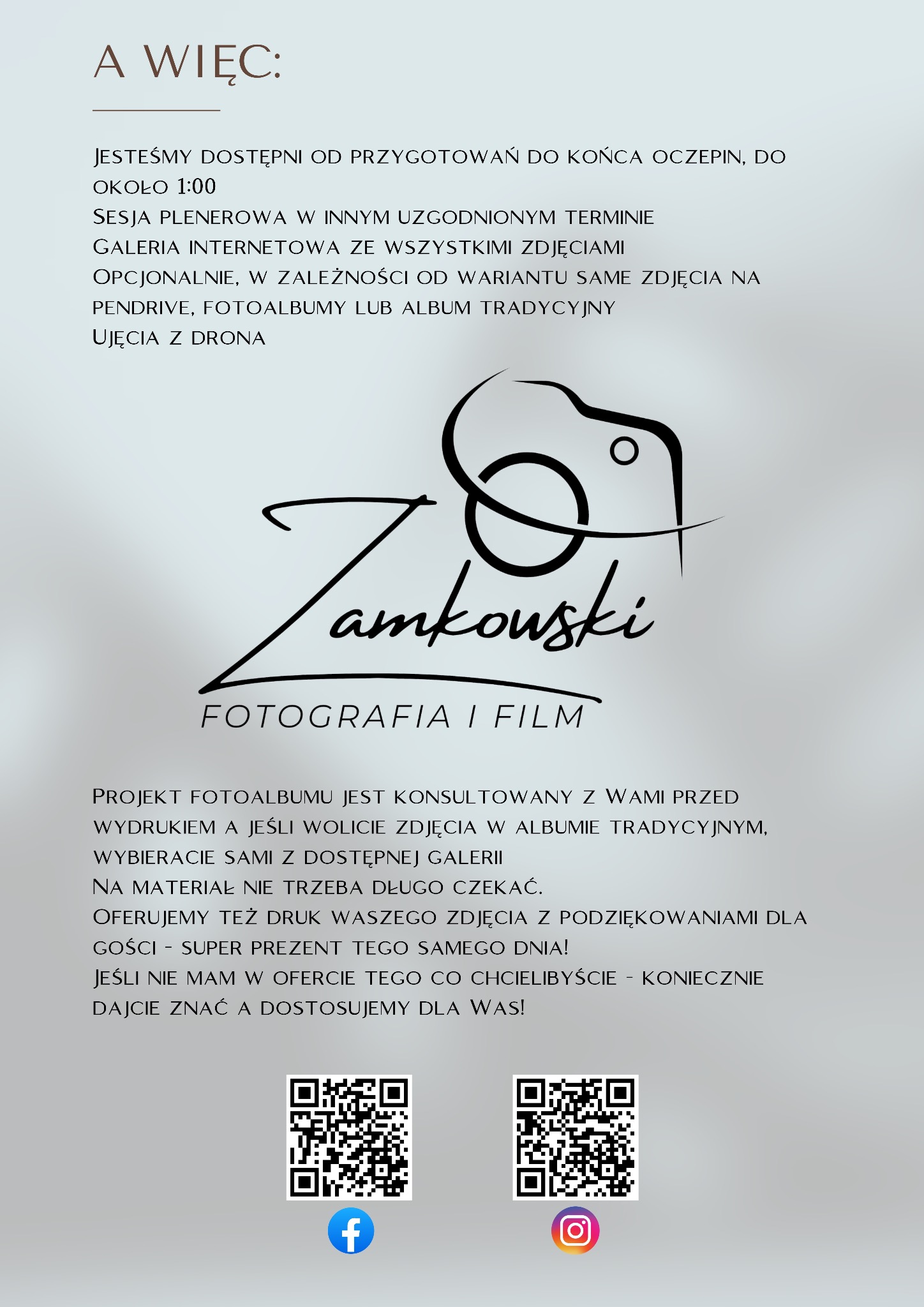 Oferta fotografa i kamerzysty: sesje plenerowe, reportaże, fotoalbumy, ujęcia z drona. Dostępność od przygotowań do końca oczepin. Zamkouski fotografia i film.