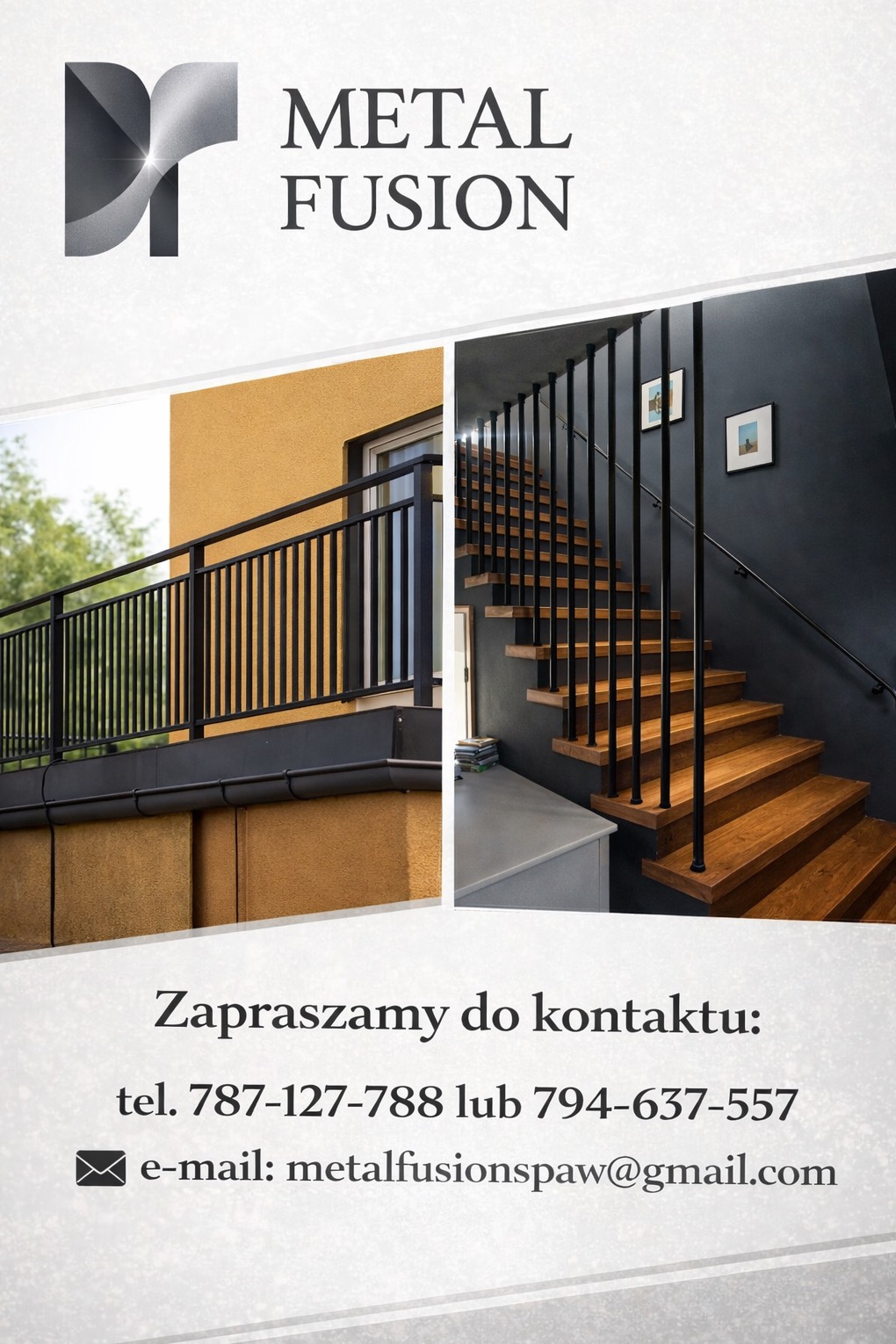 Balkon z czarną balustradą i drewniane schody z czarnymi poręczami. Zdjęcie reklamowe firmy Metal Fusion z danymi kontaktowymi.