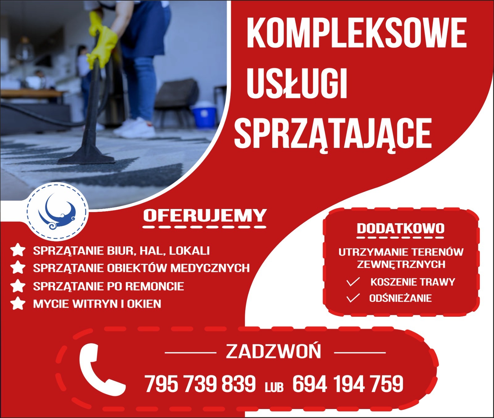 Kompleksowe usługi sprzątające: osoba w żółtych rękawicach czyści dywan odkurzaczem. Oferta obejmuje sprzątanie biur, obiektów medycznych, po remoncie i mycie witryn.