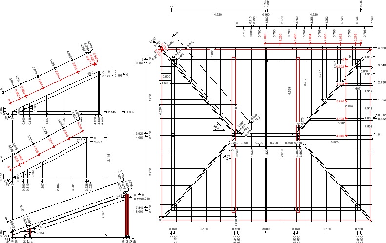 Schemat techniczny więźby dachowej z precyzyjnymi wymiarami i detalami konstrukcyjnymi, ukazujący złożoność projektu. Widok z góry i przekroje boczne.