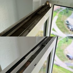 Piotr Kowalewski - Zdjęcie okna przed i po czyszczeniu, ukazujące różnicę w czystości ramy i mechanizmu. Widoczne zabrudzenia usunięte, rama okienna odświeżona.