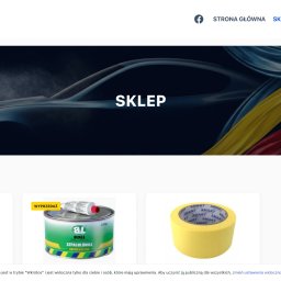 Maksymilian Stolarek - Sklep internetowy z lakierami Kromax Lakier z Krośnic. Widok strony z produktami: szpachlówka, lakier bezbarwny i taśma maskująca. W tle grafika z pistoletem lakierniczym.