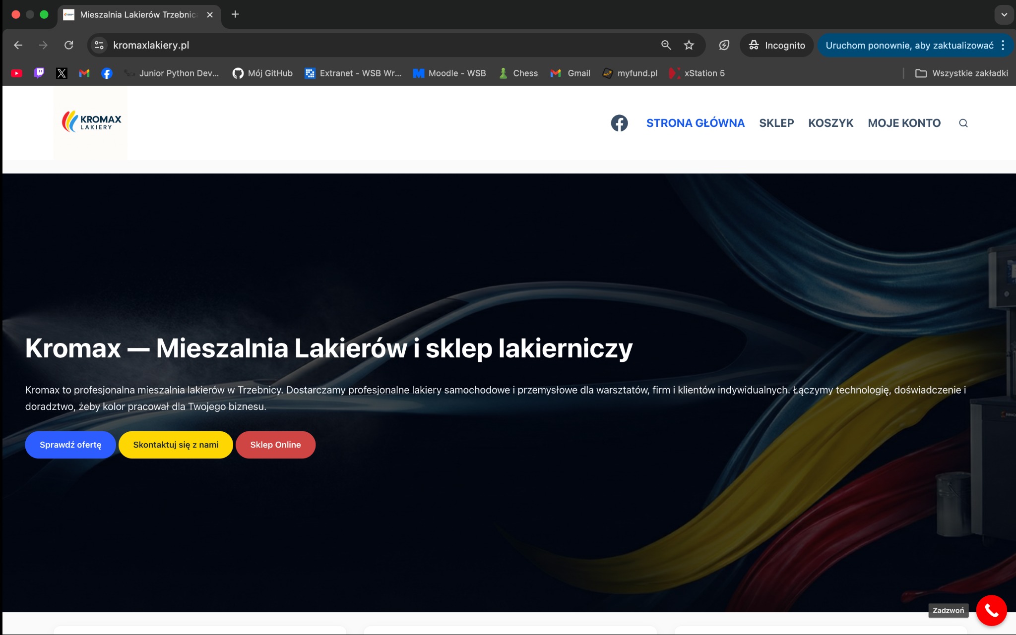 Zrzut ekranu strony internetowej Kromax - mieszalni lakierów i sklepu lakierniczego. Widoczne logo, menu nawigacyjne i hasło reklamowe na tle kolorowych smug.