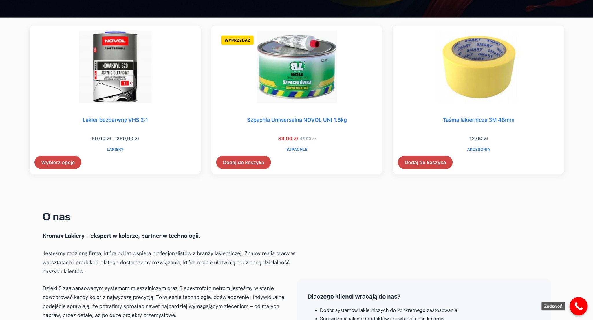 Prezentacja produktów lakierniczych: lakier bezbarwny, szpachla uniwersalna i taśma lakiernicza 3M, z cenami i opcjami zakupu na stronie internetowej.