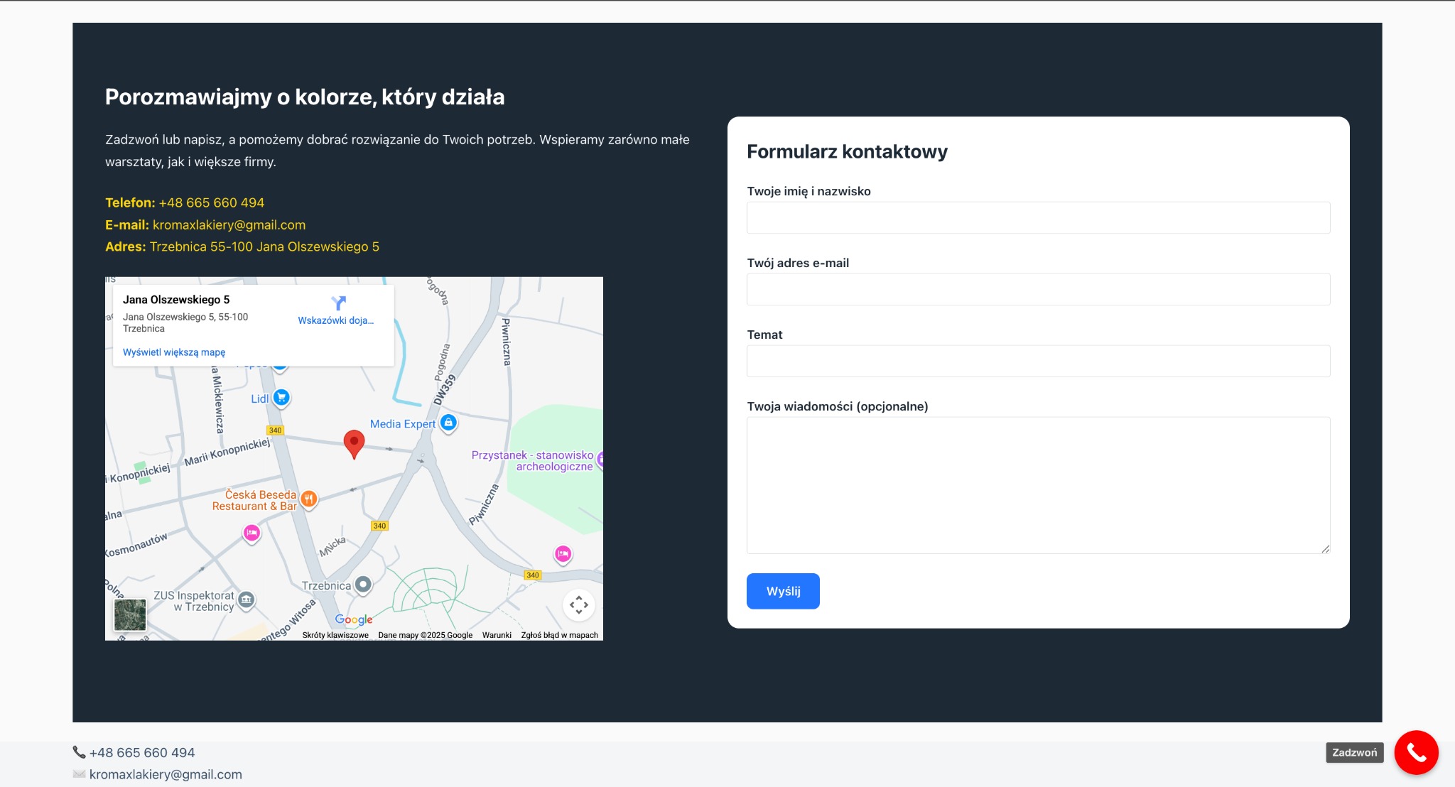 Fragment strony internetowej z formularzem kontaktowym, mapą dojazdu i danymi kontaktowymi firmy. Kolorystyka stonowana, dominuje ciemny granat i biel.