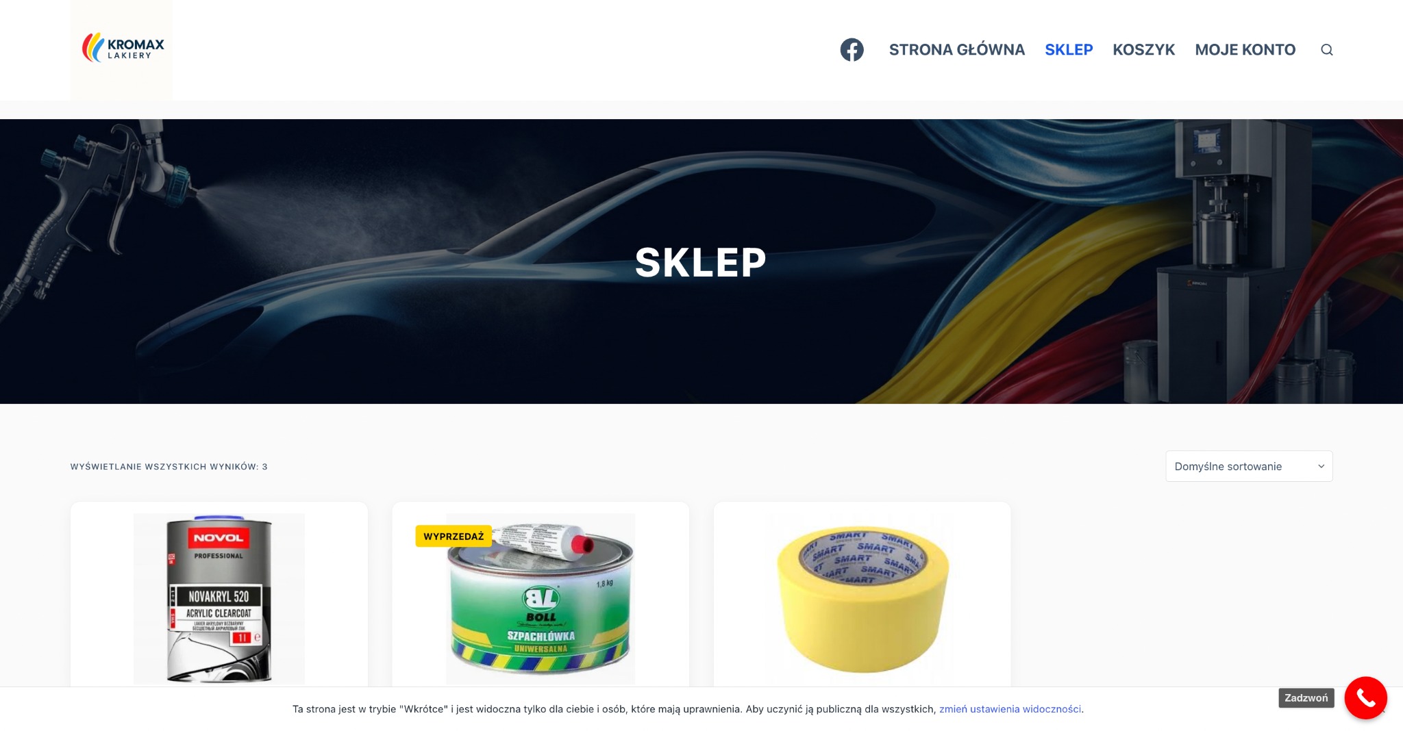 Sklep internetowy z lakierami Kromax Lakier z Krośnic. Widok strony z produktami: szpachlówka, lakier bezbarwny i taśma maskująca. W tle grafika z pistoletem lakierniczym.