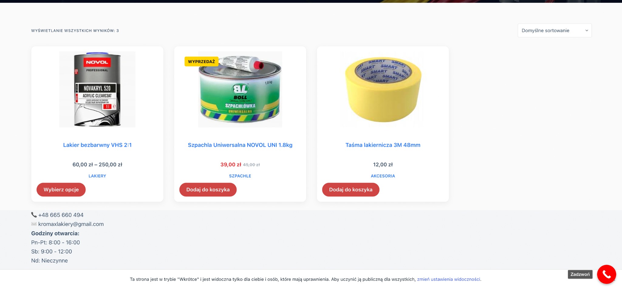 Prezentacja oferty sklepu lakierniczego online: lakier bezbarwny, szpachla uniwersalna i taśma lakiernicza. Produkty na białym tle, ceny i opcje zakupu.