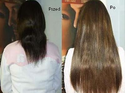 Porównanie 'przed' i 'po' przedłużania włosów: ciemne, krótkie włosy przed zabiegiem i długie, brązowe, lśniące włosy po zabiegu, widok z tyłu.