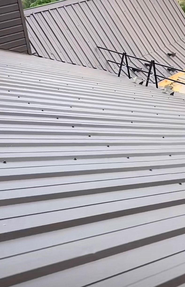 Szary dach z blachy trapezowej, widoczne mocowania. W tle fragment dachu z kominem i barierki zabezpieczające. Ujęcie z dołu, podkreślające regularność wzoru.