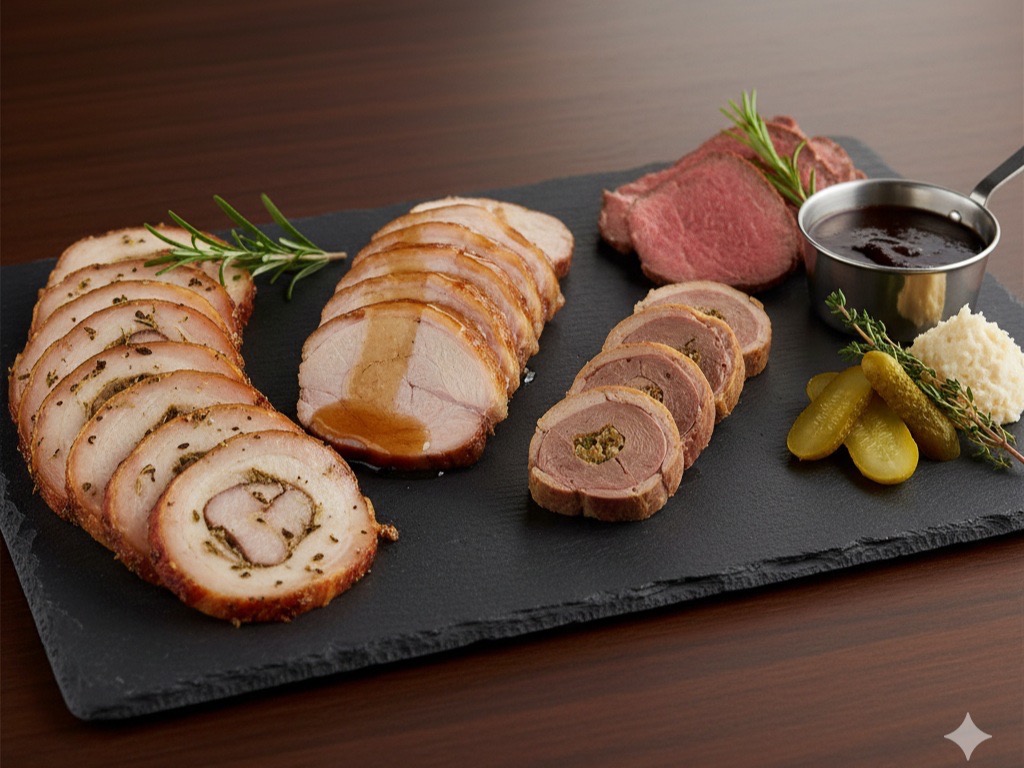 Elegancka deska z różnorodnymi roladami mięsnymi, rostbefem, sosem, puree i piklami, udekorowana ziołami. Profesjonalny catering na uroczystość.