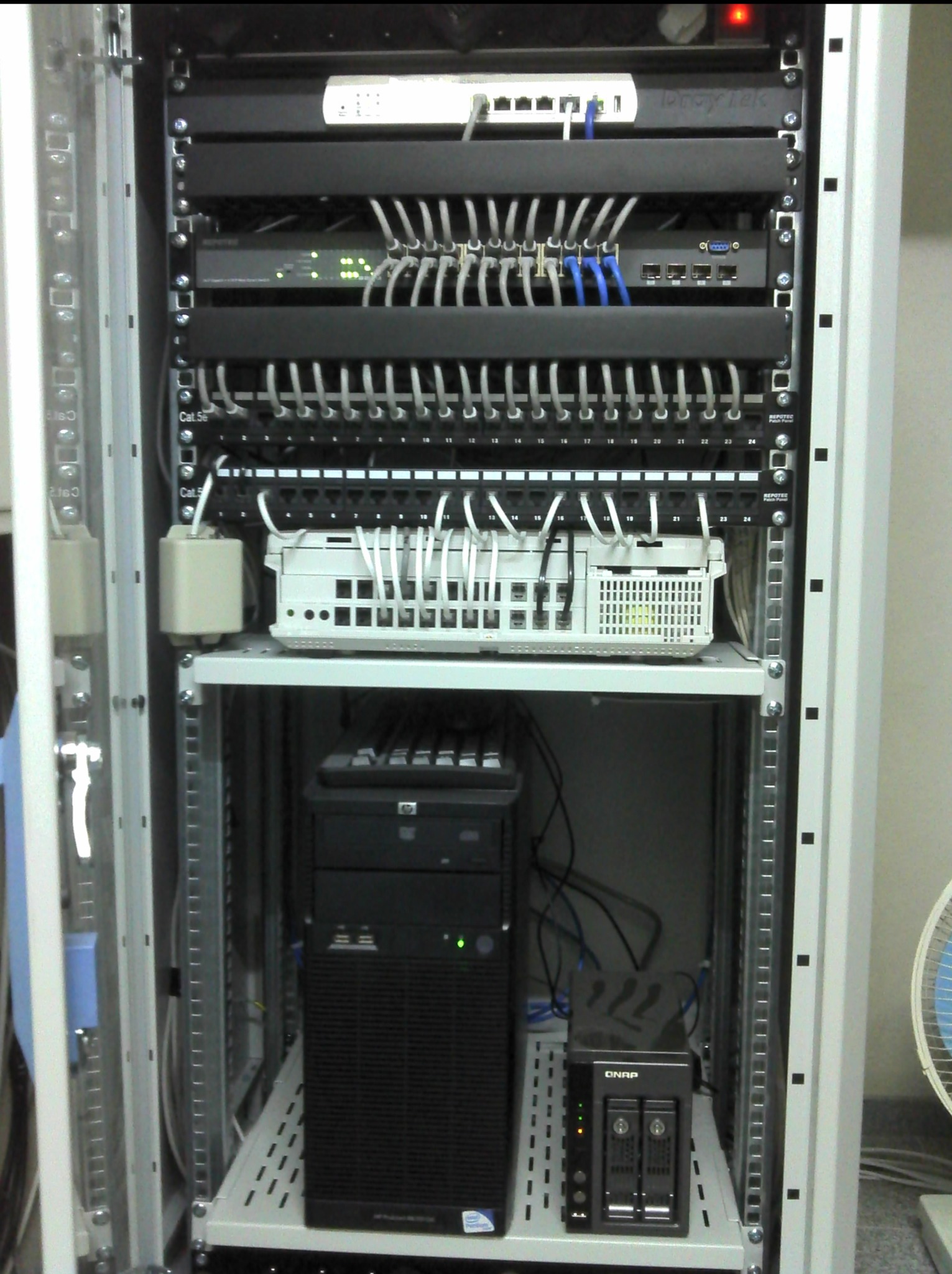 Szafa rack z zainstalowanymi urządzeniami sieciowymi: router, switch, patch panel, serwer i NAS. Widoczne kable sieciowe i zasilające.